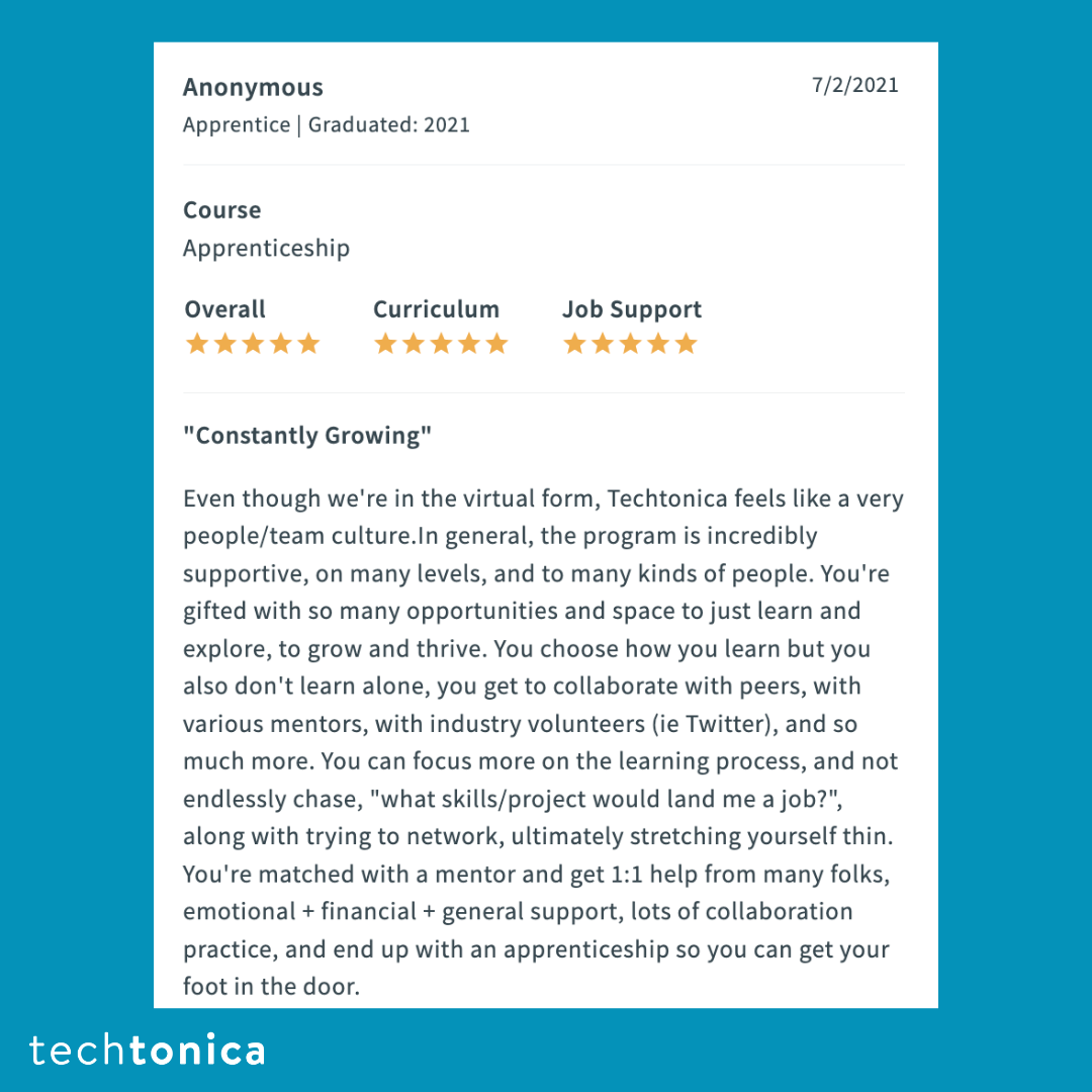 5-star Glassdoor review on Techtonica's supportive, collaborative environment, along with mentorship and job placement.