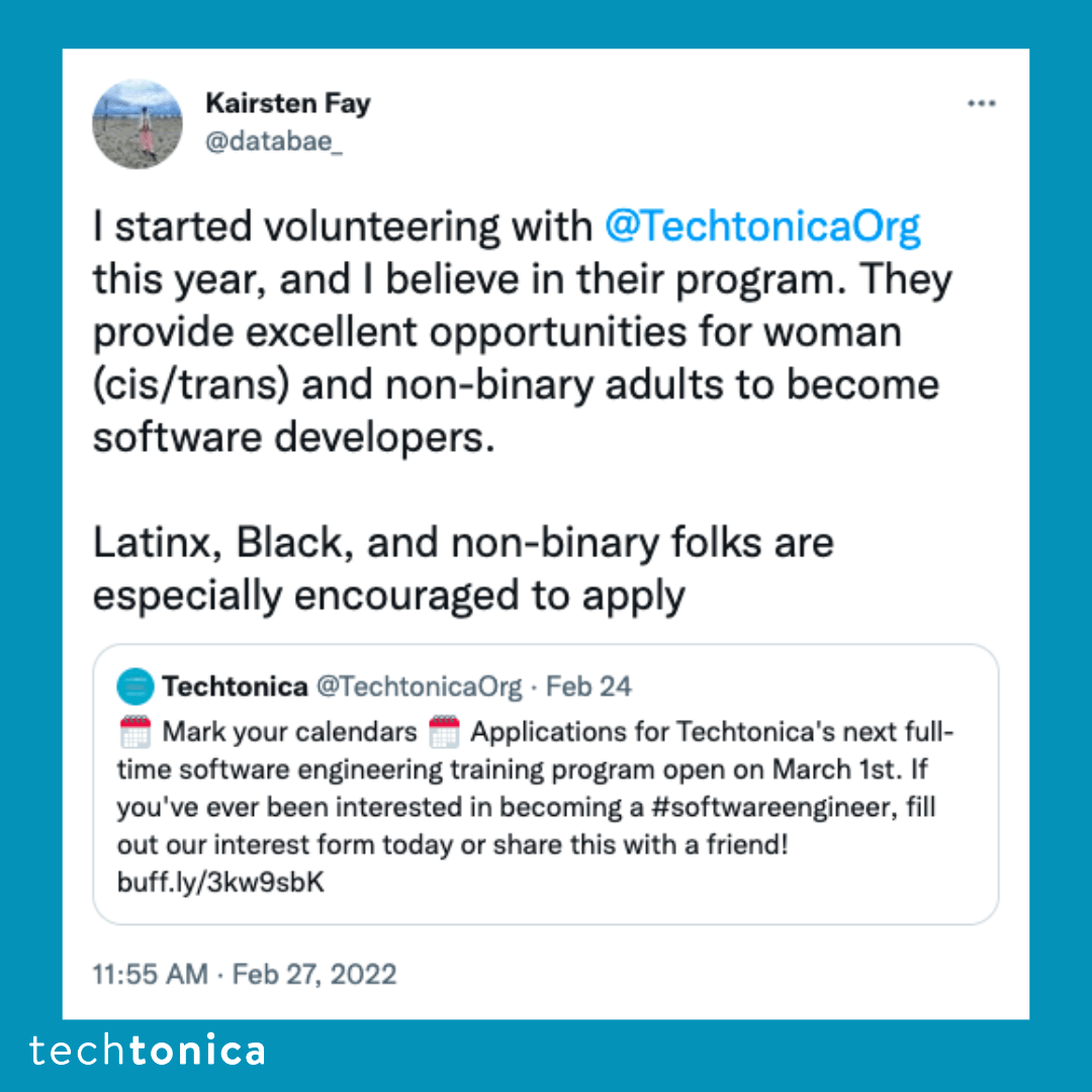 Tweet praising Techtonica's program for providing opportunities for women and non-binary folks to become software developers.