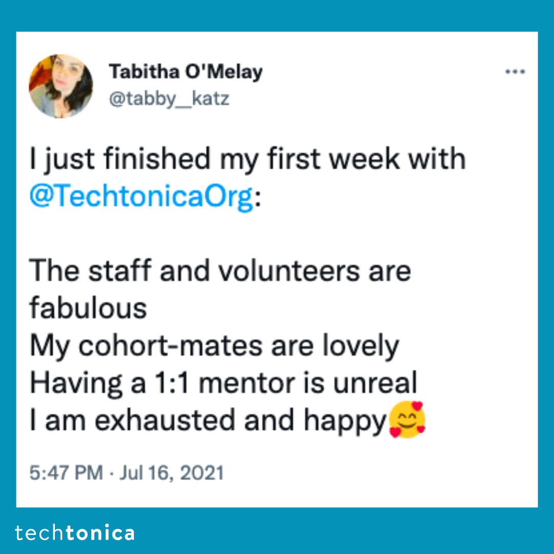 Tweet about finishing the first week at Techtonica, expressing excitement and gratitude for the staff, cohort, and mentor.