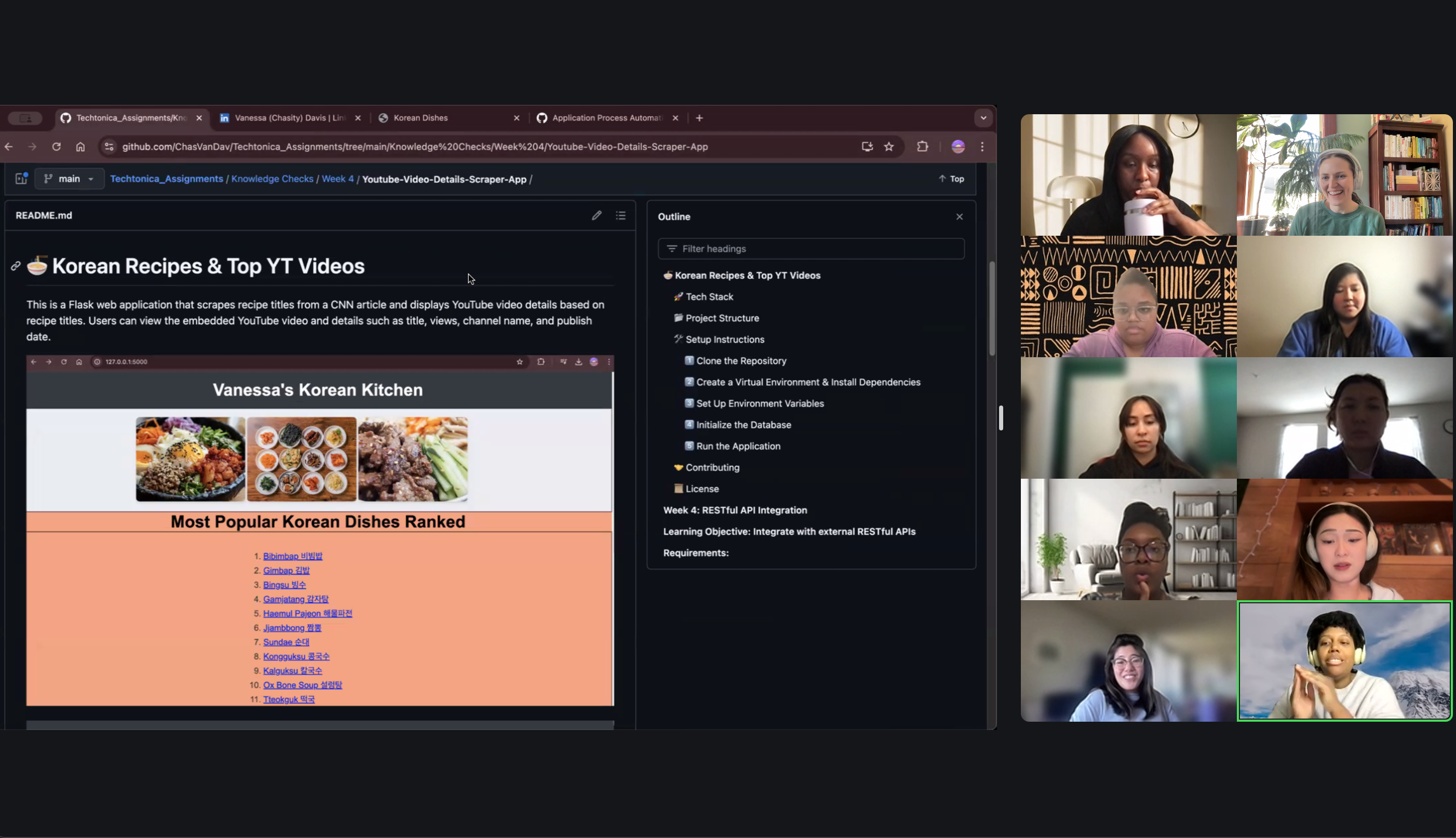 Participant presenting a Korean recipe page project on a virtual call