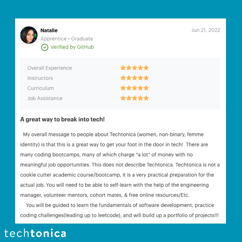 5-star review on CourseReport praising Techtonica's non-traditional learning and support from mentors, volunteers, and staff.