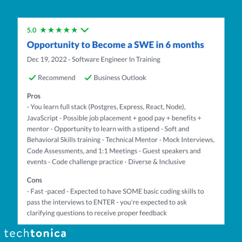 5-star Glassdoor review of Techtonica, highlighting training, mentorship, job placement, stipend, and a great environment.