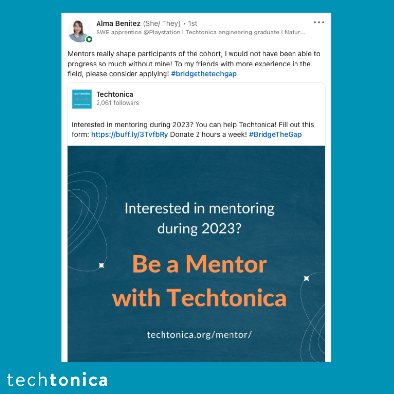 Alma Benitez’s LinkedIn post expressing gratitude for the mentors who shaped her progress as a Techtonica graduate.