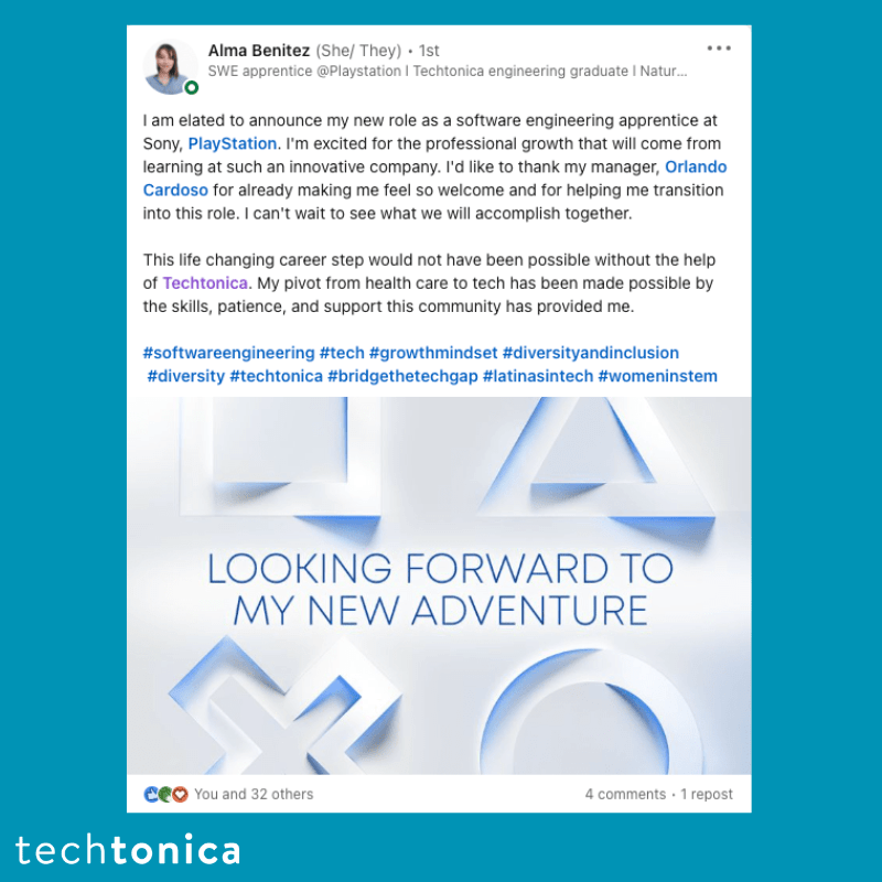 LinkedIn post by Alma Benitez sharing new role as an apprentice at Sony PlayStation, grateful to Techtonica for support.