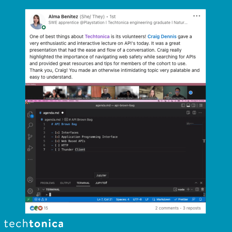 LinkedIn post by Alma Benitez sharing gratitude for Techtonica volunteers like Craig Dennis who made learning about APIs fun.