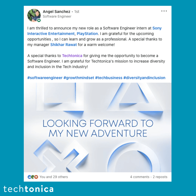 LinkedIn post by Angel Sanchez, who is excited about their internship at Sony PlayStation, thanks to Techtonica.