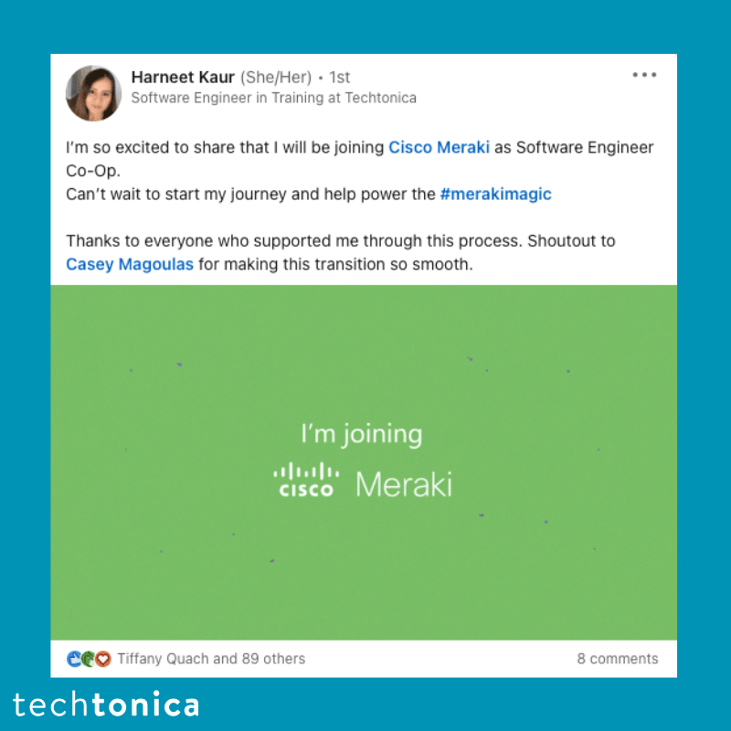 LinkedIn post by Harneet Kaur thanking Techtonica and her supporters, she joined Cisco Meraki as a Software Engineer Co-Op.