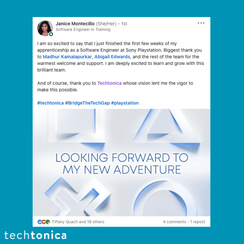 LinkedIn post by Janice Montecillo on starting as an apprentice at Sony PlayStation, very grateful for Techtonica.