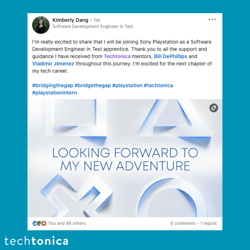 Kimberly Dang's LinkedIn post sharing gratitude for Techtonica mentors as she joins Sony PlayStation as a Software Engineer.
