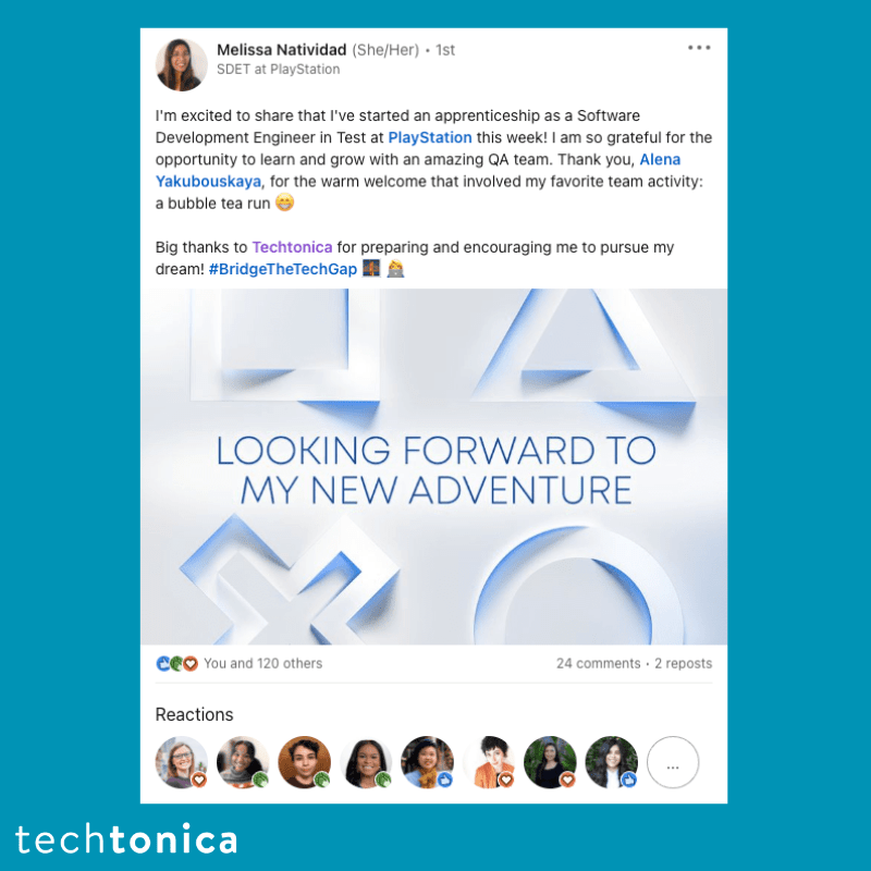 Melissa Natividad's LinkedIn post showing gratitude to Techtonica for preparing her for her first week at Sony Playstation.